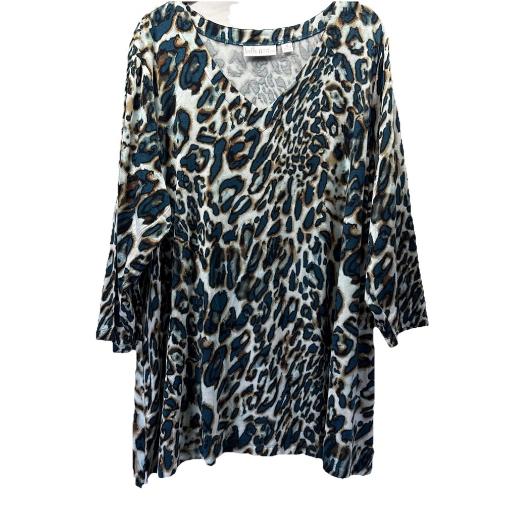 Belle Kim Gravel Women's Top Size XL Blue Brown‎ Leopard Slinky Stretch Pullover